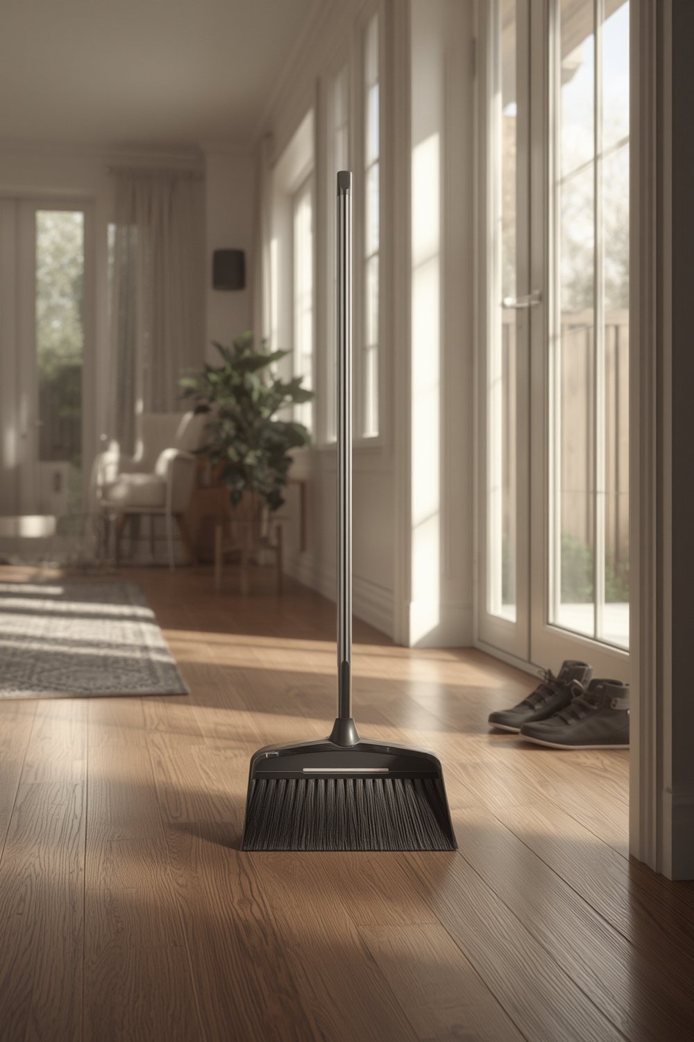 broom dustpan in use with self-cleaning feature on display