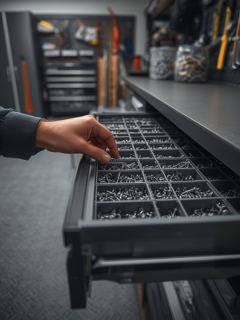 hardware storage wall mount in a workshop