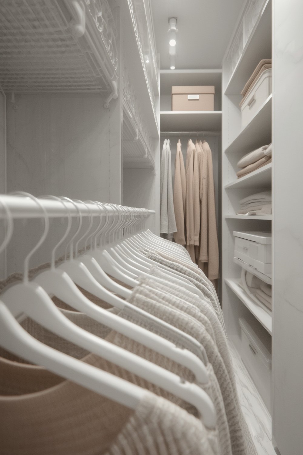 plastic hangers in neat closet, white hangers in use