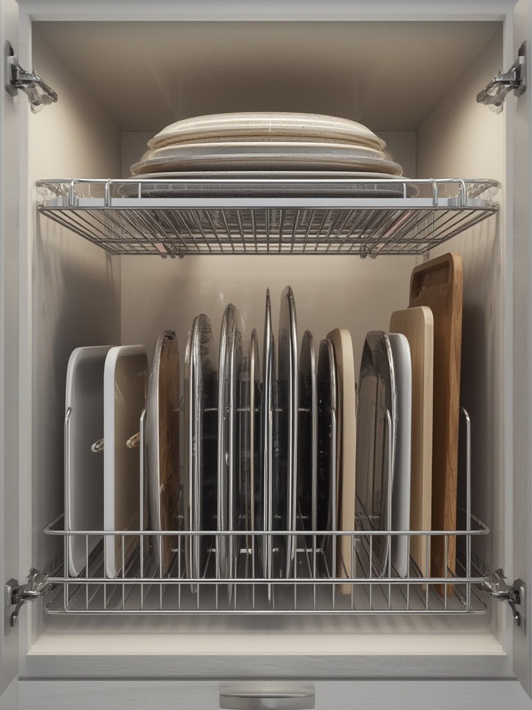adjustable bakeware rack loaded with baking pans and cutting boards in organized kitchen pantry
