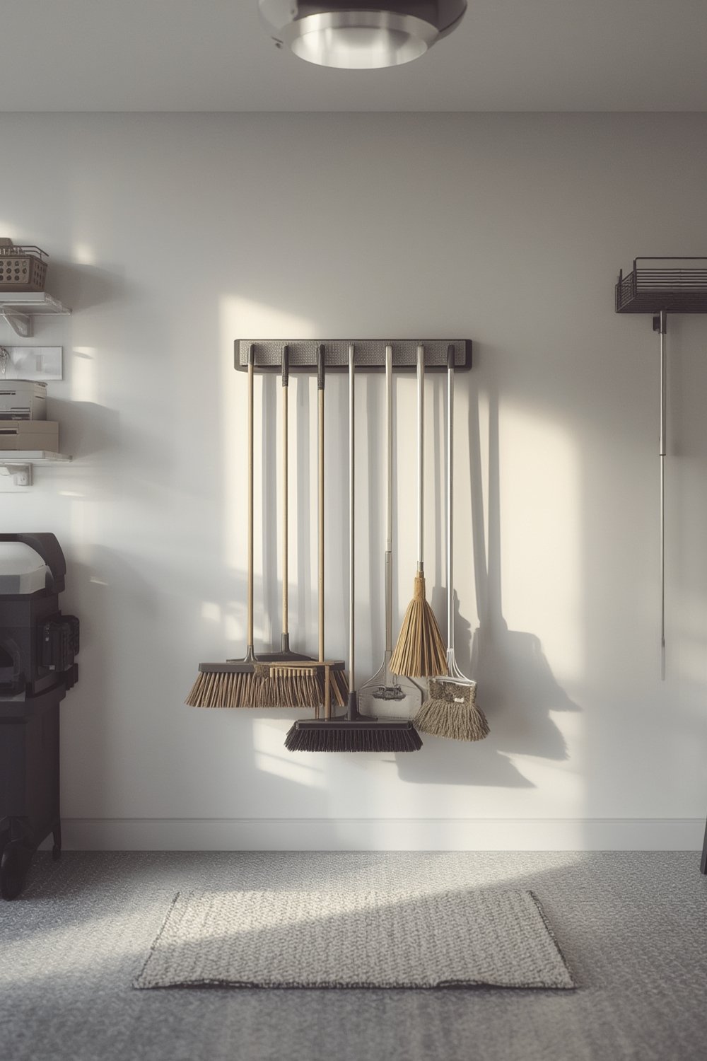 broom holder with storage hooks organizing mops and tools on the wall