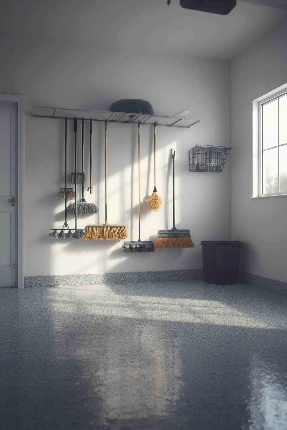 broom holder mounted on wall, organizing cleaning tools with hooks and slots