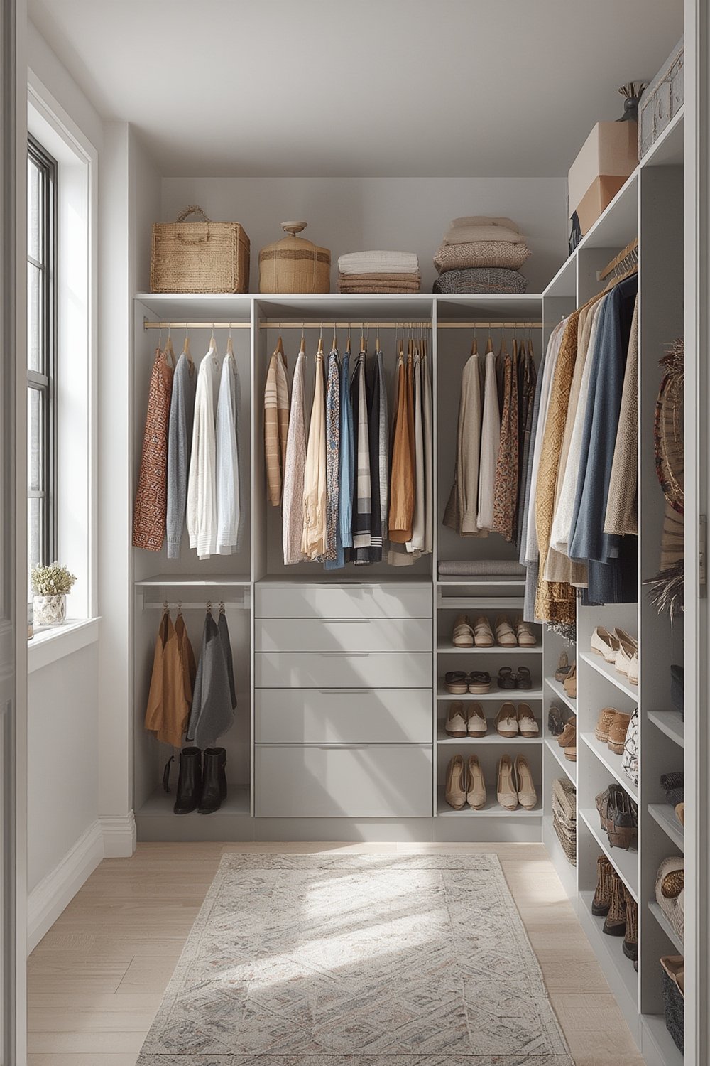 closet organizer showing clothing and accessories in a neat closet