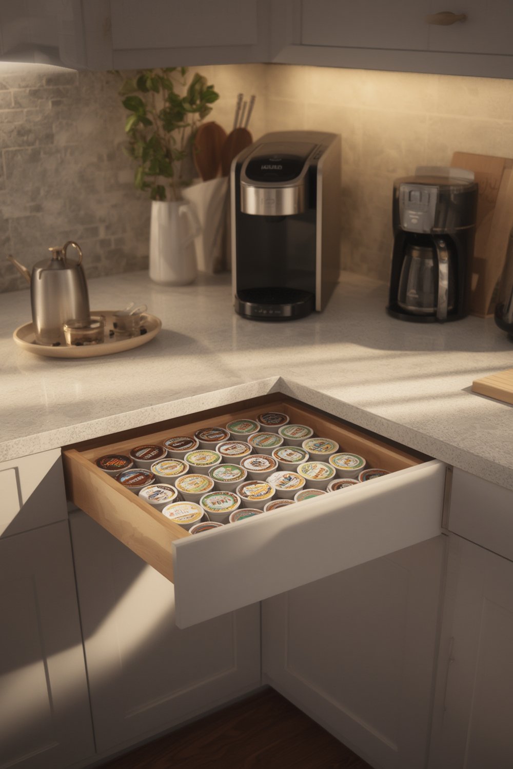 Coffee Drawer: 10 Ultimate Steps For An Amazing Organization In 2026 1 coffee drawer with K-Cup pods neatly organized under coffee maker