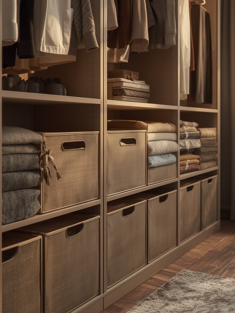 fabric bins used in a closet organizer system for home organization