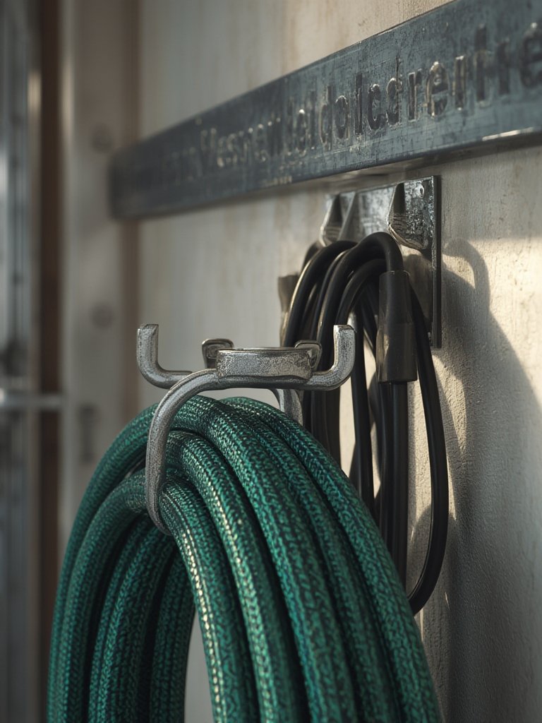 garden hose storage showcasing hose holder in garage setting, hanging hose and extension cords neatly
