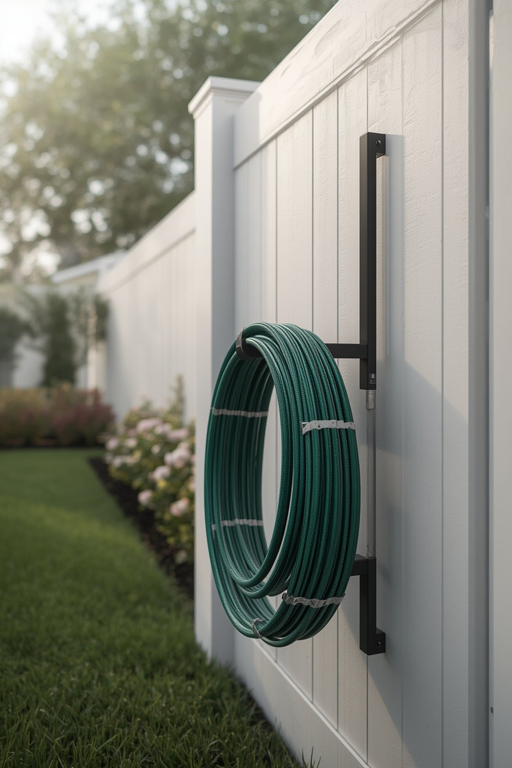 hose holder in garden setting, wall mounted and holding a coiled hose neatly
