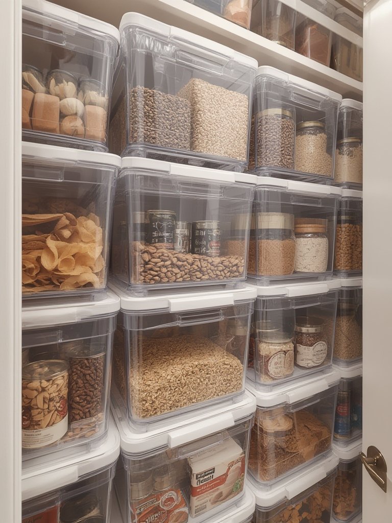 kitchen storage ideas with plastic containers and clear bins neatly arranged