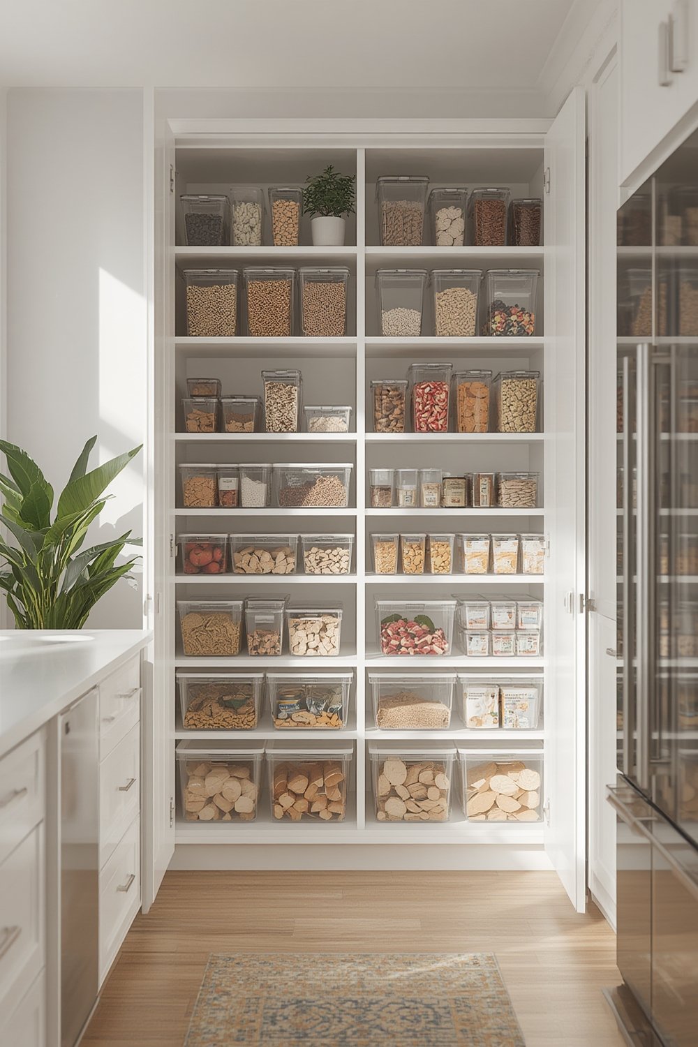 pantry organizers in use with kitchen items neatly arranged