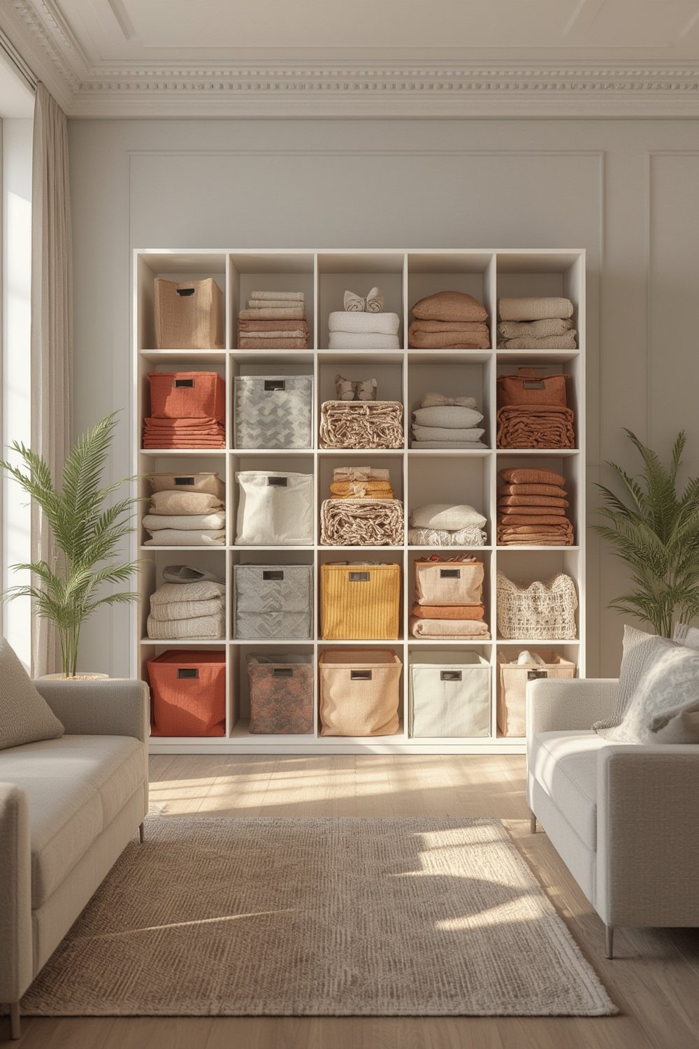 storage cubes used for home organization in a living room